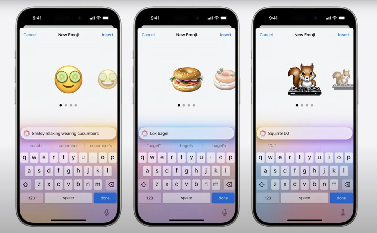 На трех iPhone отображаются специальные экраны создания смайлов со смайликами, рогаликами из лосося и значками ди-джеев с белкой, каждый из которых сопровождается соответствующим текстом.
