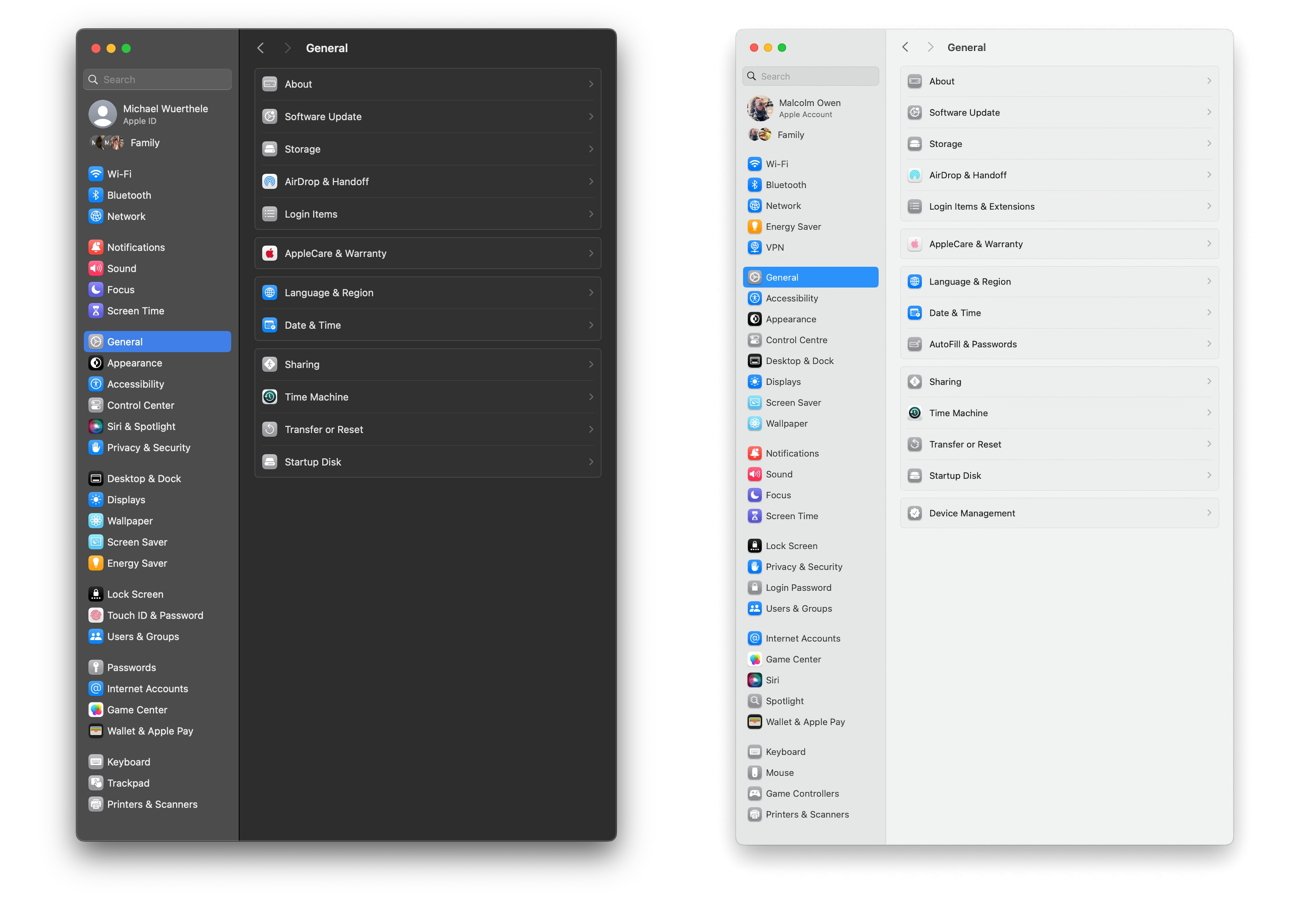 Сравнение панелей настроек macOS в темном и светлом режимах, показывающих такие категории, как Wi-Fi, Bluetooth, «Основные», «Специальные возможности» и другие, в двух разных цветовых темах.
