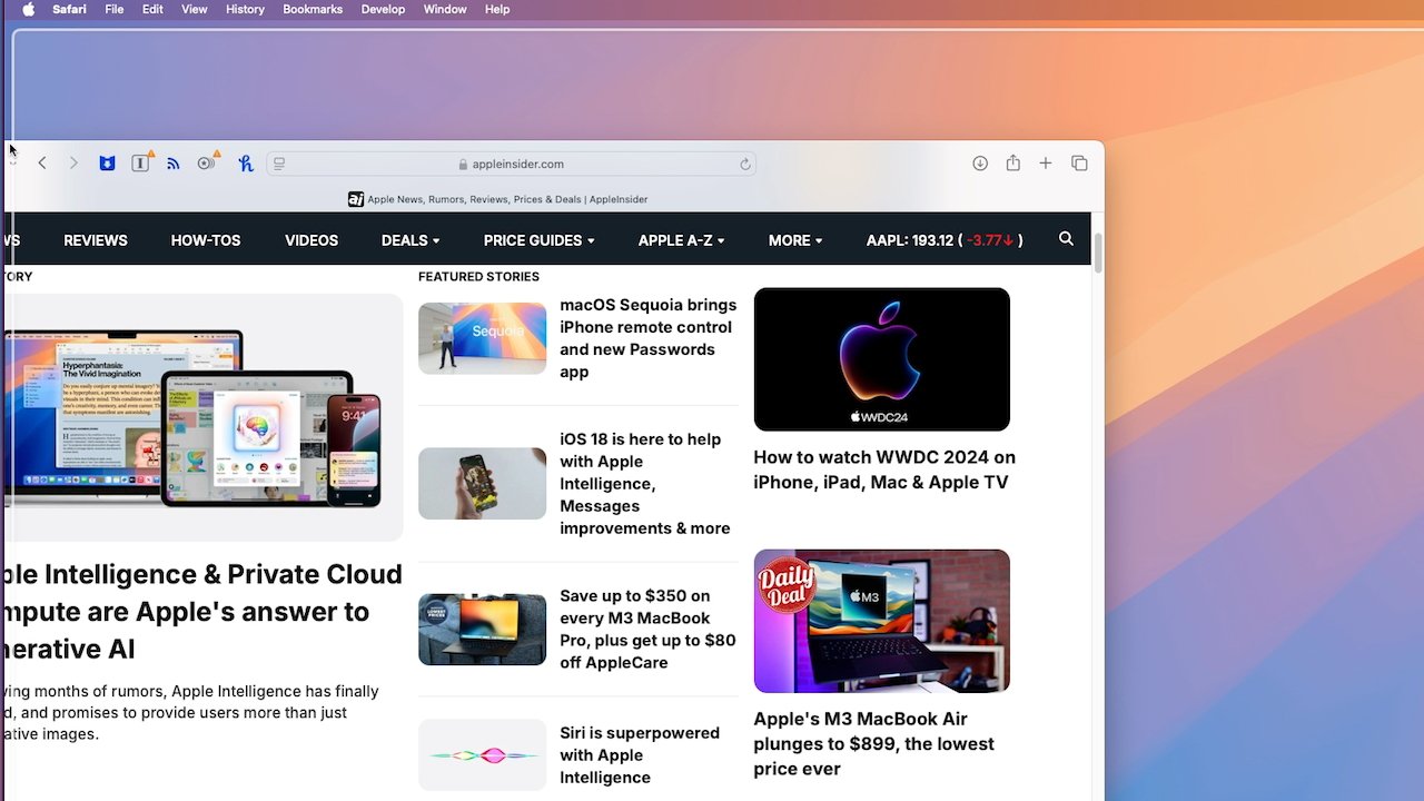 Снимок экрана веб-сайта, на котором показаны заголовки новостей, связанные с Apple, вкладки навигации, а также изображения продуктов и логотипов Apple.