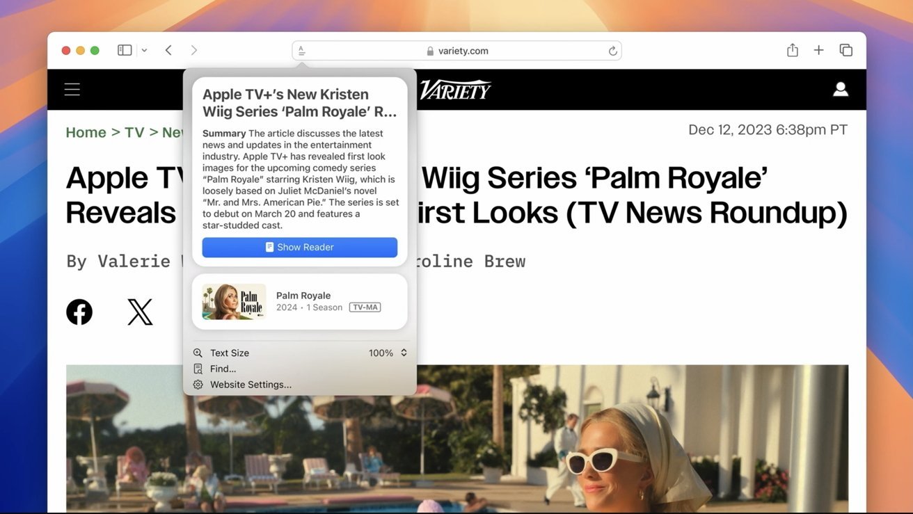 Разнообразная веб-страница со статьей о новом сериале Palm Royale на Apple TV+, включая всплывающее окно со сводкой и информацией о выпуске.