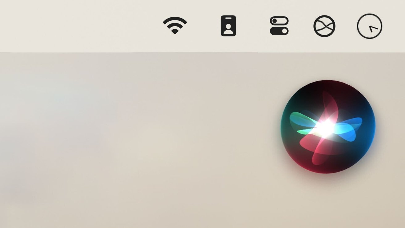 Значки Wi-Fi, мобильной сети и уведомлений сверху.  Ниже на светлом фоне отображается красочный круглый значок Siri.