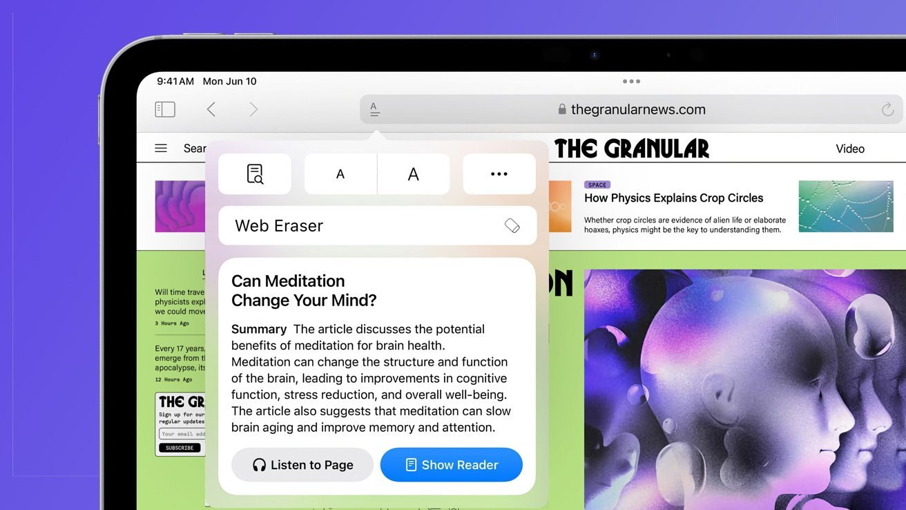 Экран планшета со статьей о пользе медитации, опциями навигации, вкладками браузера и красочными абстрактными изображениями на заднем плане.