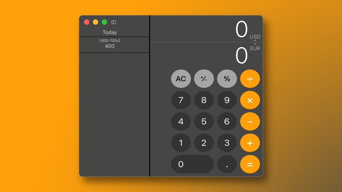 Приложение-калькулятор с цифровой клавиатурой, функциями памяти и основными арифметическими операциями, отображаемыми на разделенном темном и оранжевом фоне.