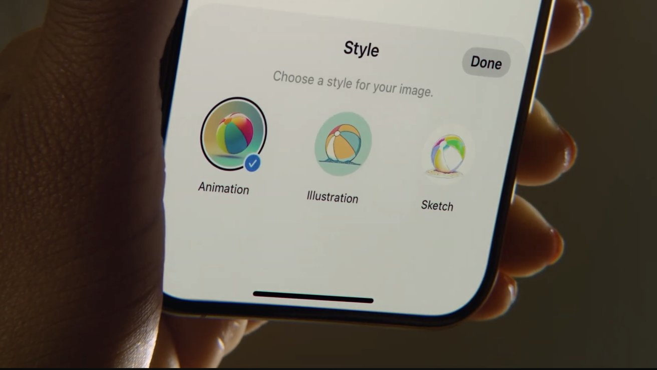 Рука держит телефон, на котором отображаются параметры выбора стилей изображения: «Анимация», «Иллюстрация» и «Эскиз» с выбранным параметром «Анимация».