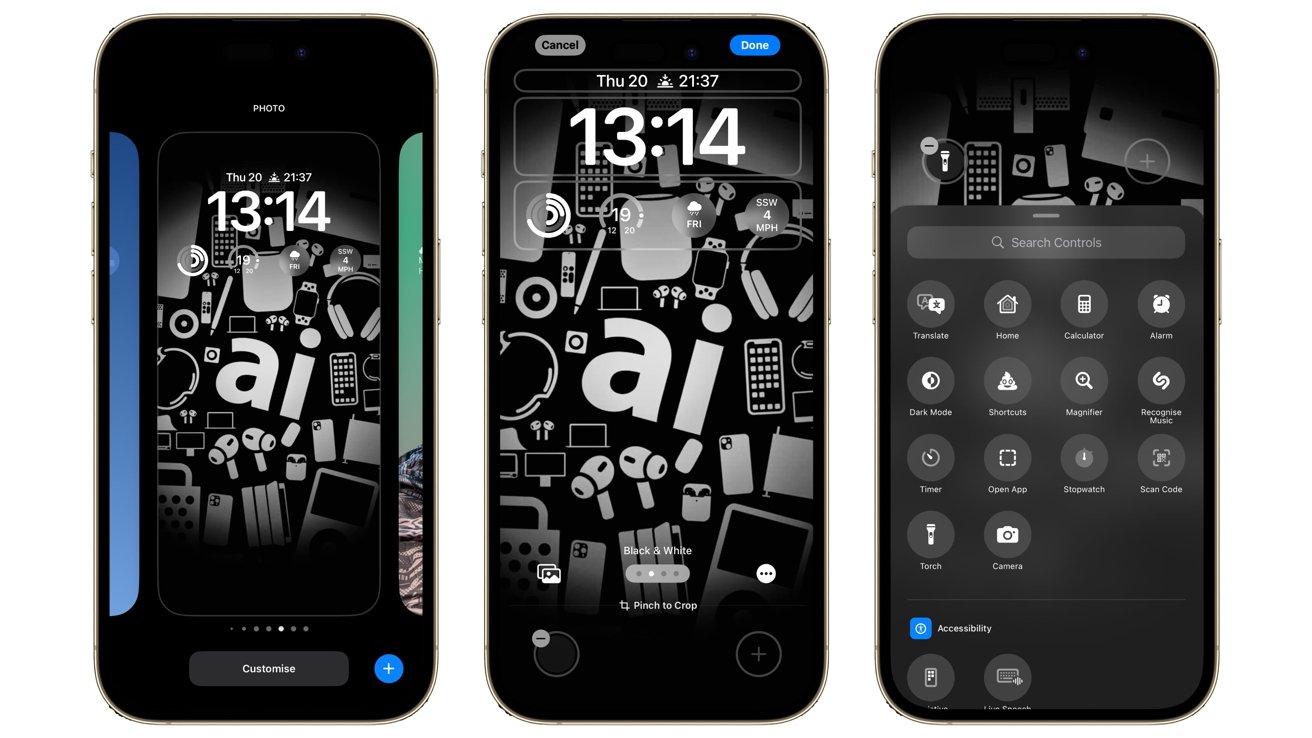 Три смартфона с различными пользовательскими интерфейсами и возможностями настройки, включая экран блокировки с черно-белым фоном в технологическом стиле и настройки центра управления.