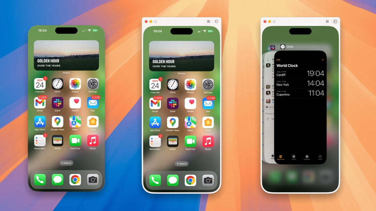 Три элегантных смартфона с главными экранами и приложением мирового времени на красочном градиентном фоне.