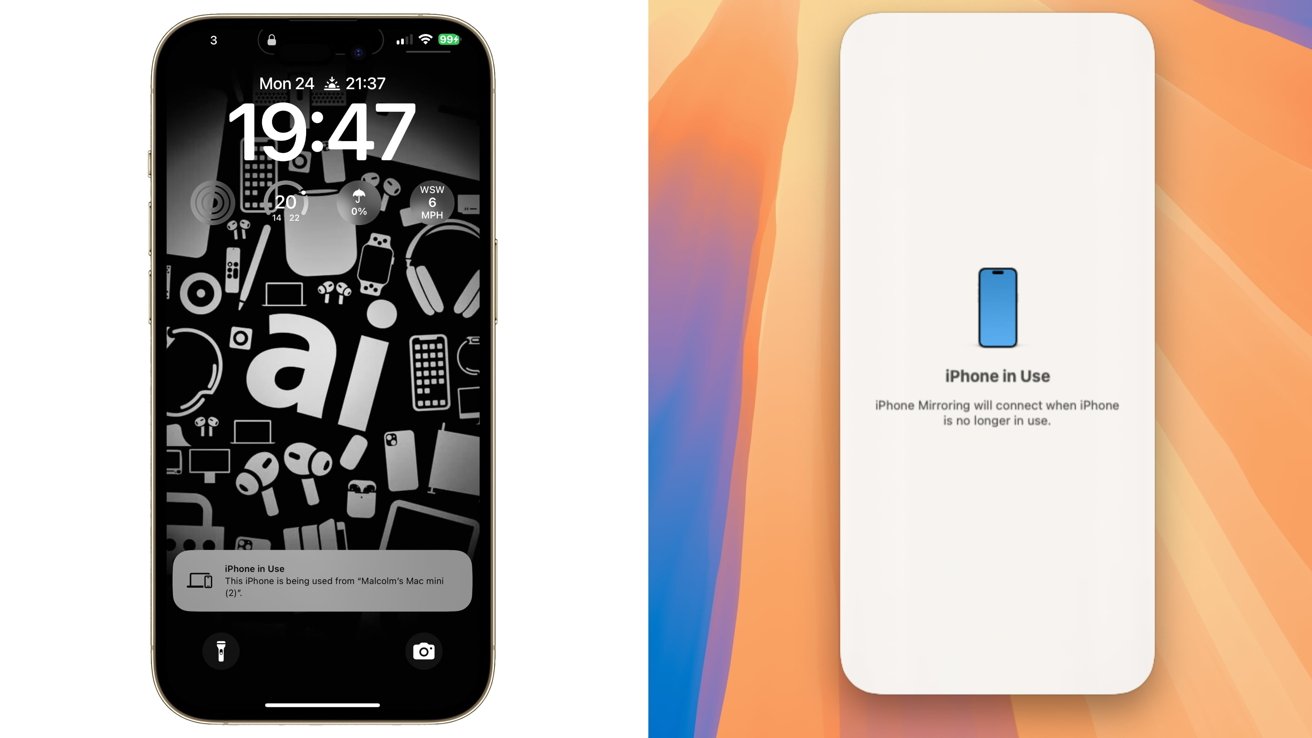 Два экрана телефона: на одном показан экран блокировки в 19:47, на другом отображается синий значок телефона, на котором указано, что iPhone используется.