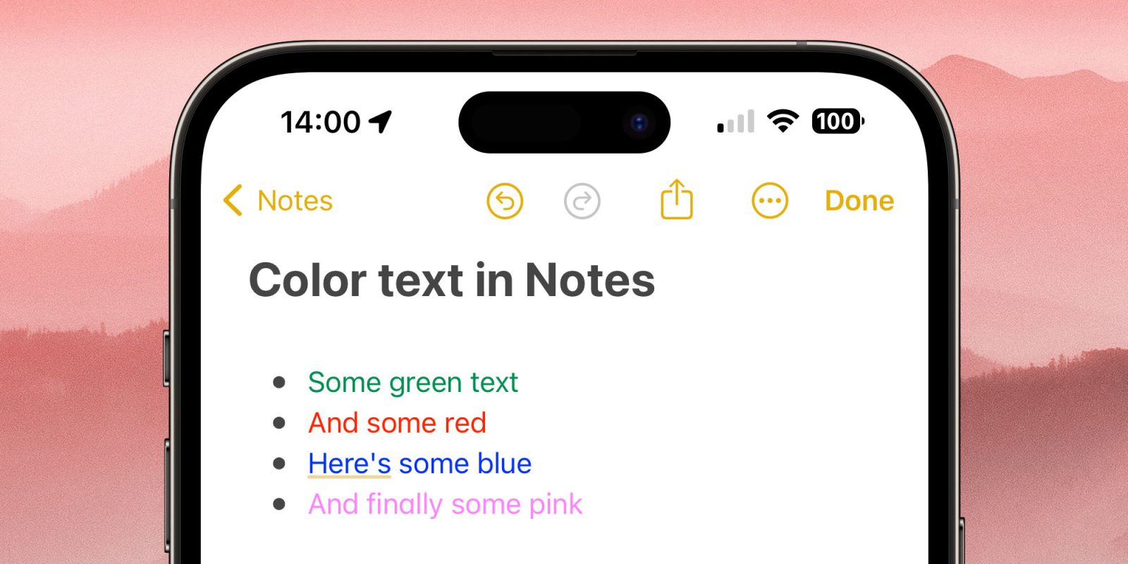 Цветной текст в Apple Notes (см. здесь на iPhone)
