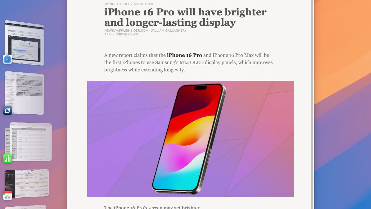Статья об iPhone 16 Pro с более ярким и долговечным дисплеем, использующим панели Samsung M14 OLED. Включает изображение телефона на цветном фоне.