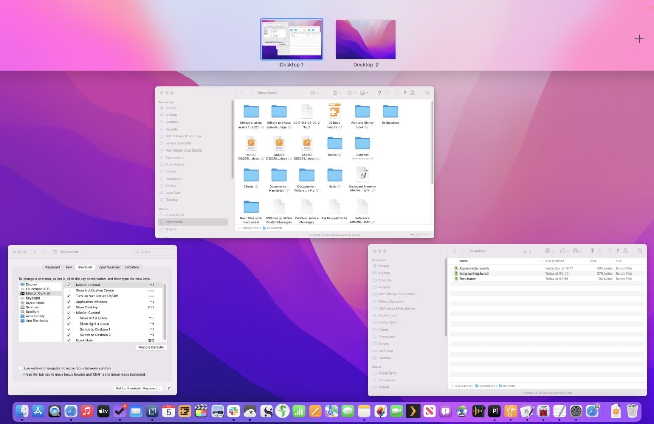 На рабочем столе Mac открыто несколько окон, в которых отображаются проводники файлов и настройки.  В нижней части экрана отображается док со значками приложений.