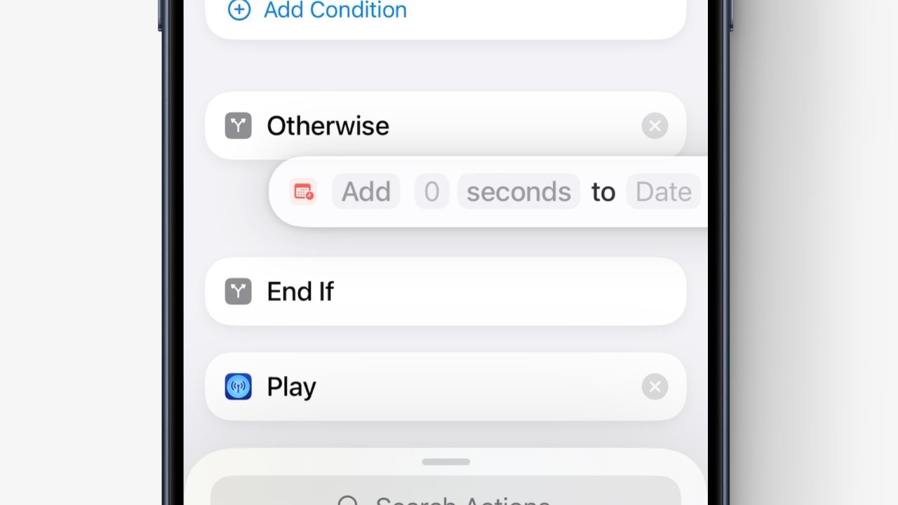 Экран телефона, на котором отображаются этапы рабочего процесса, включая «Добавить условие», «В противном случае», «Добавить секунды к дате», «Завершить, если», «Воспроизвести» и поле ввода «Действия поиска»