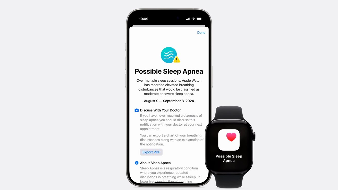 Смартфон и умные часы отображают уведомления о возможном апноэ во сне и предлагают обратиться к врачу с возможностью экспорта информации.