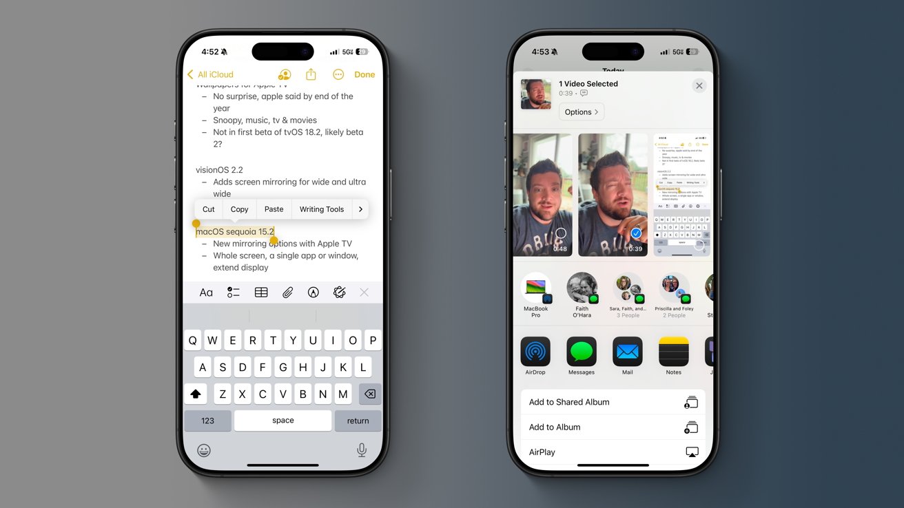 Два телефона с приложениями iOS: на одном показано приложение для заметок с инструментами редактирования текста, на другом — экран выбора видео с возможностью поделиться.