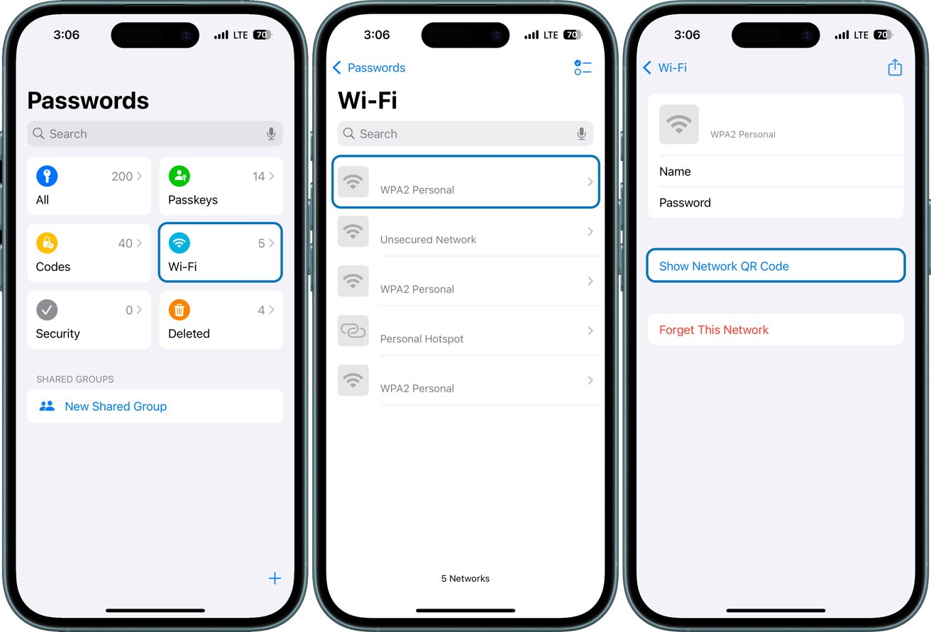 Три экрана iPhone, показывающие управление паролями, параметры сети Wi-Fi и настройки Wi-Fi с возможностью отображения QR-кода или отключения сети.