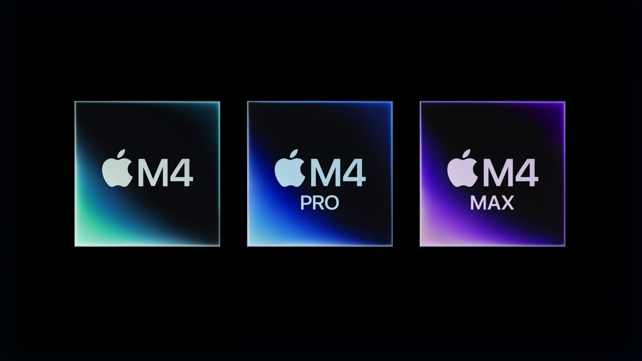 Три логотипа процессора Apple: M4 зеленого оттенка, M4 Pro синего оттенка и M4 Max фиолетового оттенка на черном фоне.